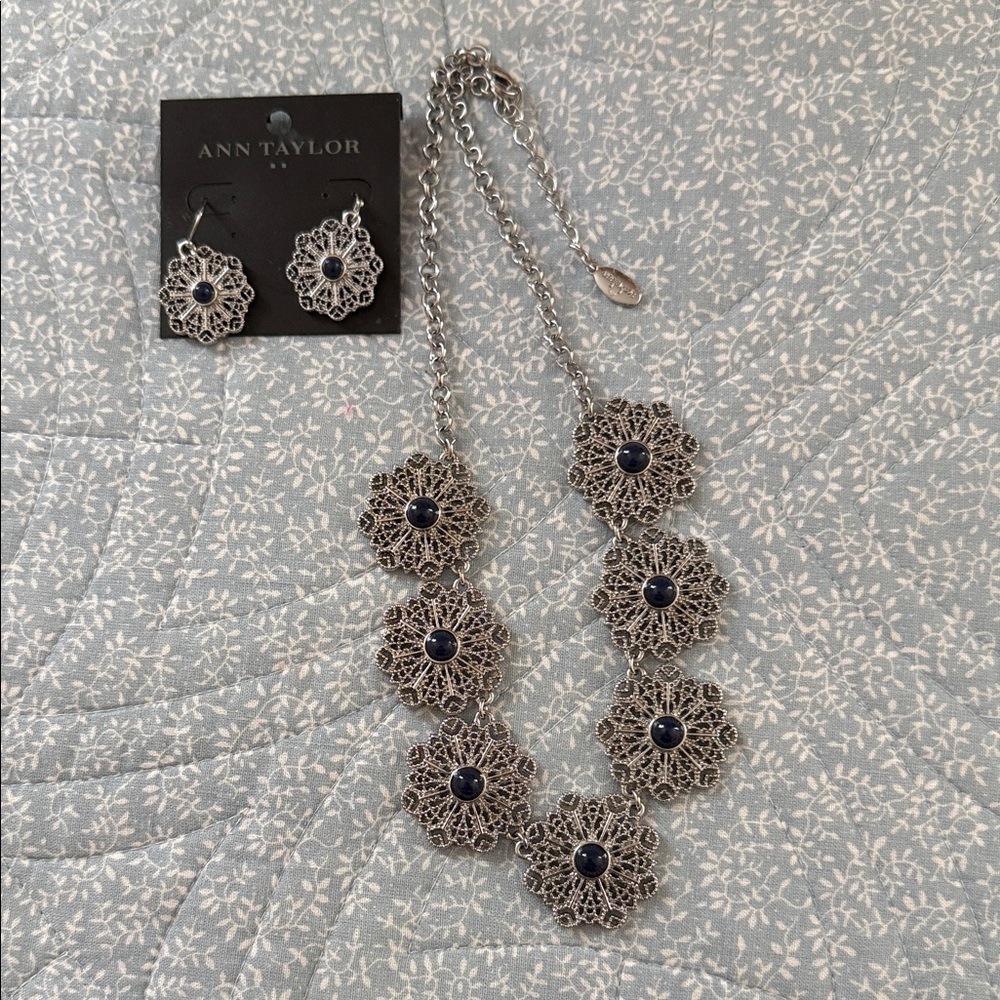 Ann Taylor Silver Filigree Necklace and Earring Set with Blue Accents